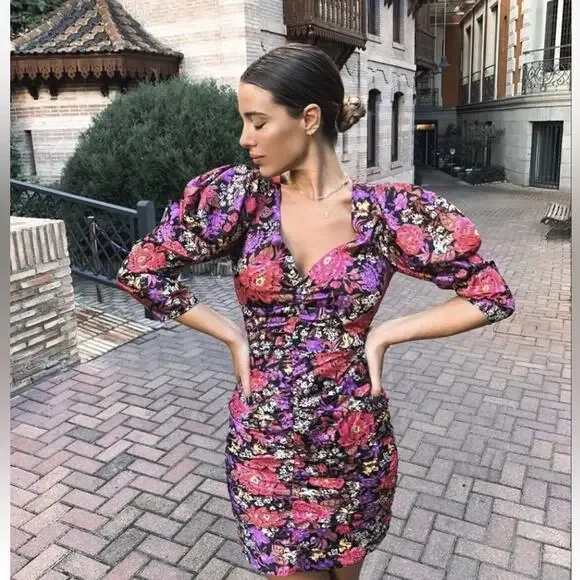 New Zara Satin Floral Puff Sleeve V Neck Bloggers Favorite Mini Dress Women’s S - Picture 1 of 6